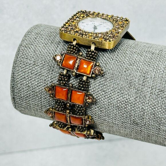 Felecia Watch Bracelet Rhinestone Stretchy Band 30mm Bronze Tone New Battery - Picture 4 of 8